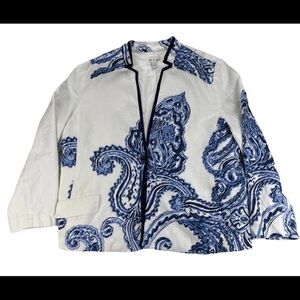 Chico's Ivory Blue Paisley Batik Boho Linen 3/4 Sleeve Jacket Blazer Sz 4 (L/XL)